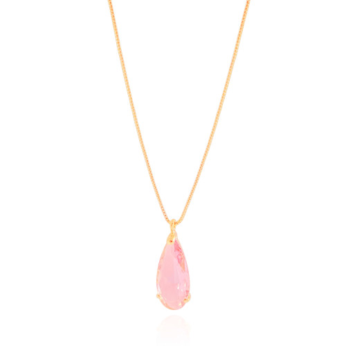 Gargantilha Longa Gota Safira Rosa 2.6 cm Banhado a Ouro 18K - 60 cm