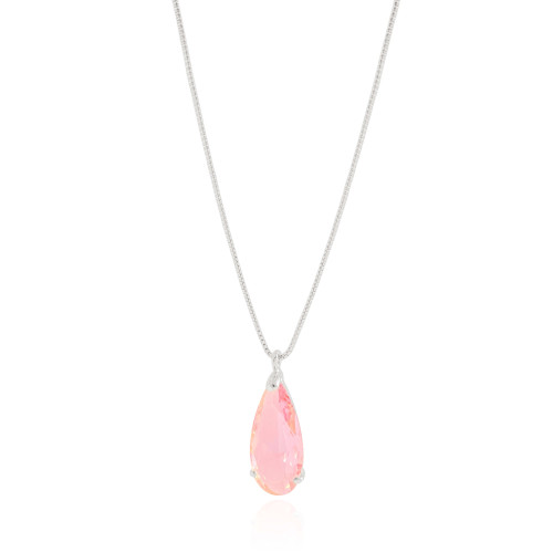 Gargantilha Longa Gota Safira Rosa 2.6 cm Ródio Branco - 60 cm