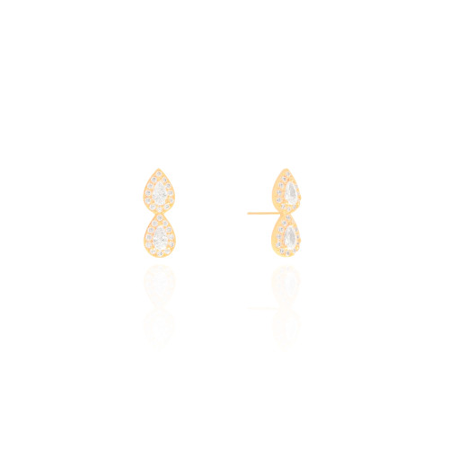Brinco Gota Dupla Cravejada Cristal Banhado a Ouro 18K