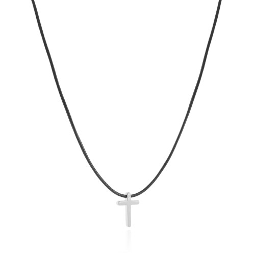 Choker Fio Coreano Preto Cruz Lisa Ródio Branco