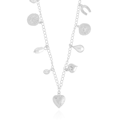 Relicário Coração Medalhas Cravejado Cristal Ródio Branco - 40 cm