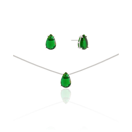 Conjunto Gota Esmeralda Ródio Branco