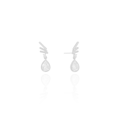 Brinco Fieletes Lisos e Cravejado Gota Cristal Ródio Branco