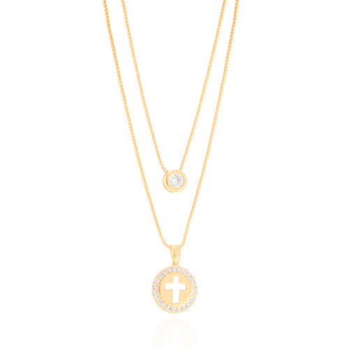 Gargantilha Dupla Veneziana Cruz e Ponto de Luz Cristal Banhado a Ouro 18K