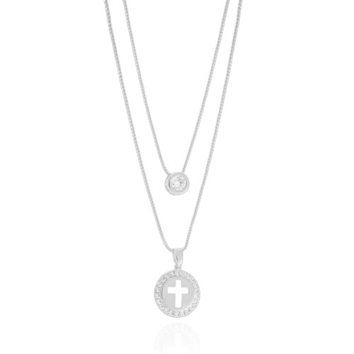 Gargantilha Dupla Veneziana Cruz e Ponto de Luz Cristal Ródio Branco