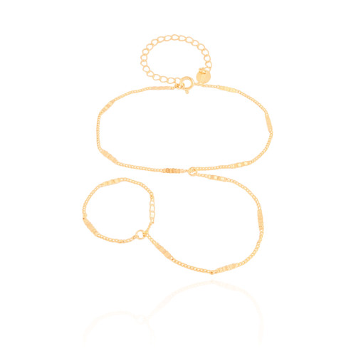 Pulseira Hand Chain Plaquinhas Detalhadas Banhado a Ouro 18K