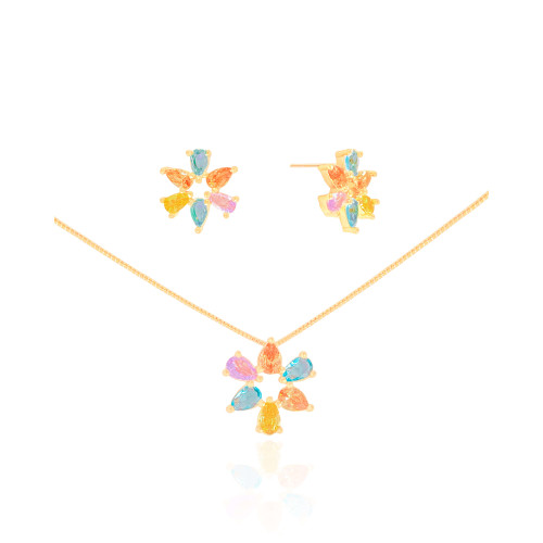 Conjunto Mandala Gotas Coloridas Banhado a Ouro 18K