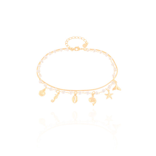 Tornozeleira Dupla Cristais Pingentes Fundo do Mar Banhado a Ouro 18K