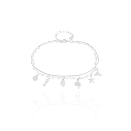 Tornozeleira Dupla Cristais Pingentes Fundo do Mar Ródio Branco