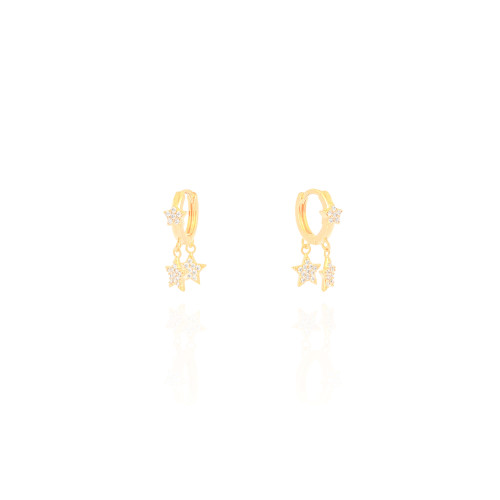 Brinco Argola Click Estrelas Cravejadas Cristal 1.9 cm Banhado a Ouro 18K