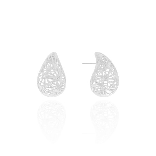 Brinco Gota Tela Detalhada Ródio Branco