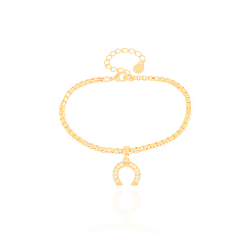 Pulseira Elos Quadrados Ferradura Cravejada Cristal Banhado a Ouro 18K