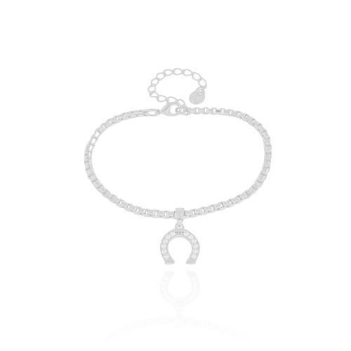 Pulseira Elos Quadrados Ferradura Cravejada Cristal Ródio Branco