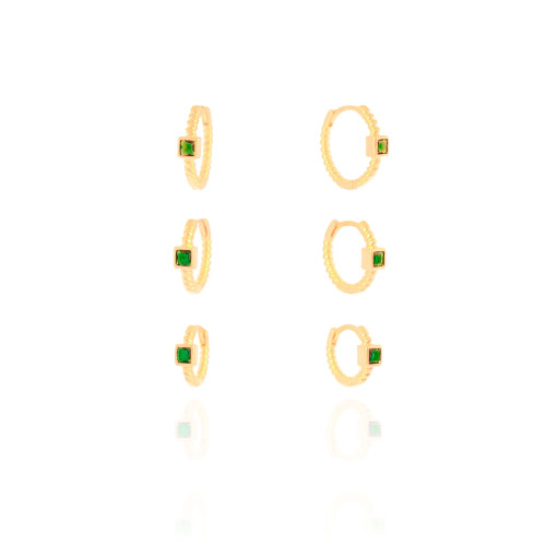 Trio de Argolas Pontos de Luz Quadrados Esmeralda Banhado a Ouro 18K