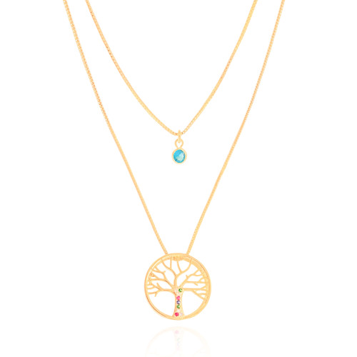 Gargantilha Dupla Árvore da Vida e Ponto de Luz Topázio Banhado a Ouro 18K