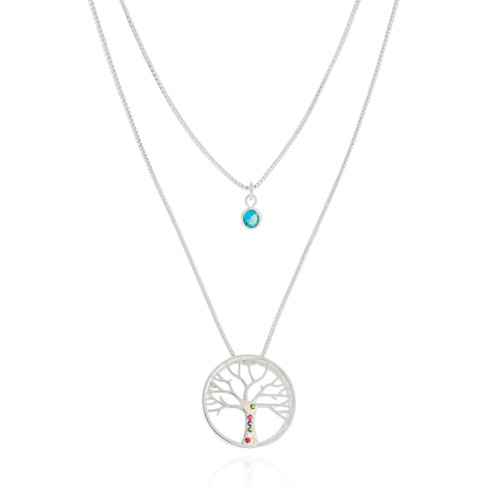 Gargantilha Dupla Árvore da Vida e Ponto de Luz Topázio Ródio Branco