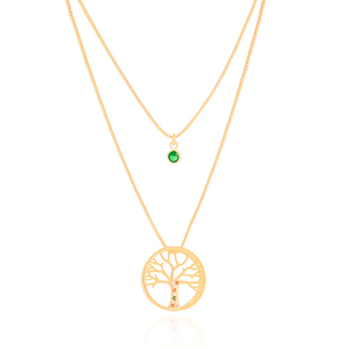 Gargantilha Dupla Árvore da Vida e Ponto de Luz Esmeralda Banhado a Ouro 18K