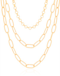 Gargantilha Tripla Elos Ovais e Portugueses Banhado a Ouro 18K