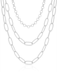 Gargantilha Tripla Elos Ovais e Portugueses Ródio Branco