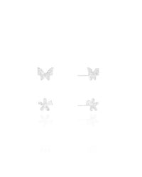 Brinco Duplo Borboleta e Flor Cravejado Cristal Ródio Branco