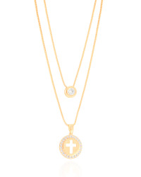 Gargantilha Dupla Veneziana Cruz e Ponto de Luz Cristal Banhado a Ouro 18K