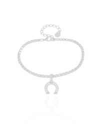 Pulseira Elos Quadrados Ferradura Cravejada Cristal Ródio Branco